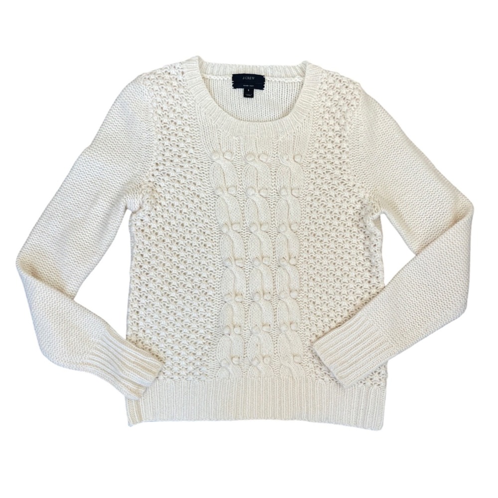J.Crew Ivory 100% Lambs Wool Hand Knit Cable Popcorn Sweater Womens Small‎ 30001